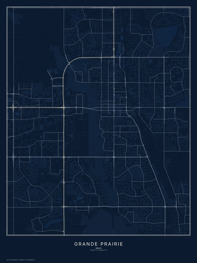 Grande Prairie map poster, midnight style