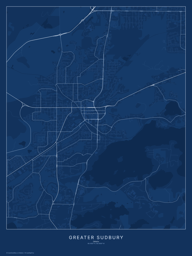 Greater Sudbury map poster, blueprint style