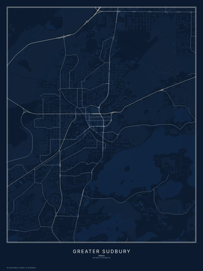 Greater Sudbury map poster, midnight style