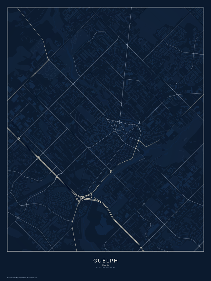 Guelph map poster, midnight style