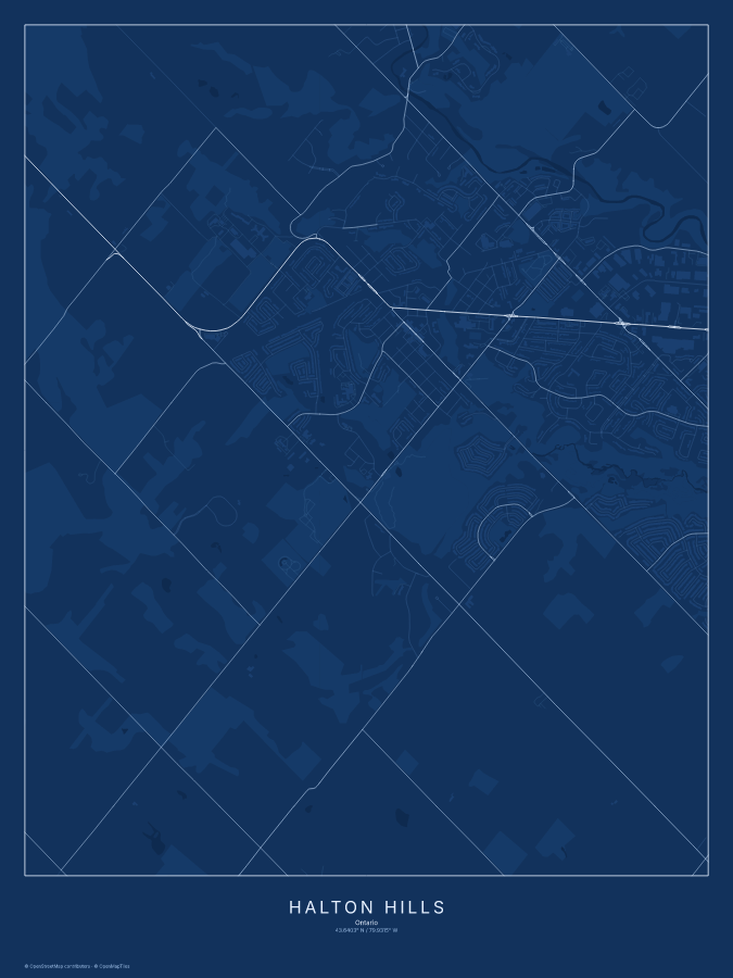 Halton Hills map poster, blueprint style