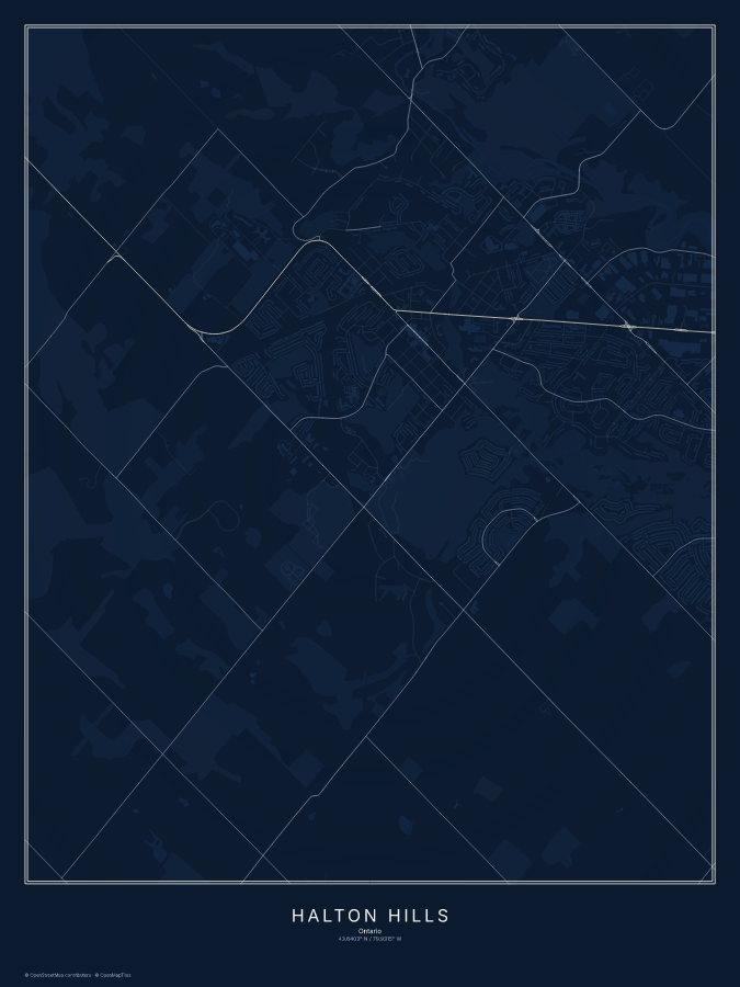 Halton Hills map poster, midnight style
