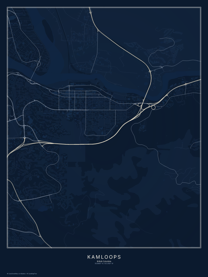 Kamloops map poster, midnight style