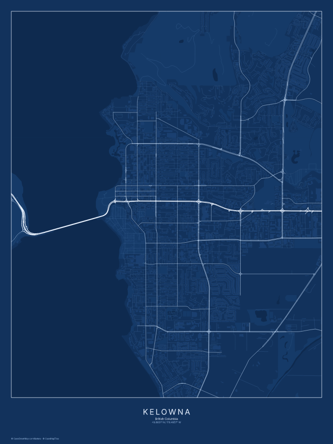 Kelowna map poster, blueprint style