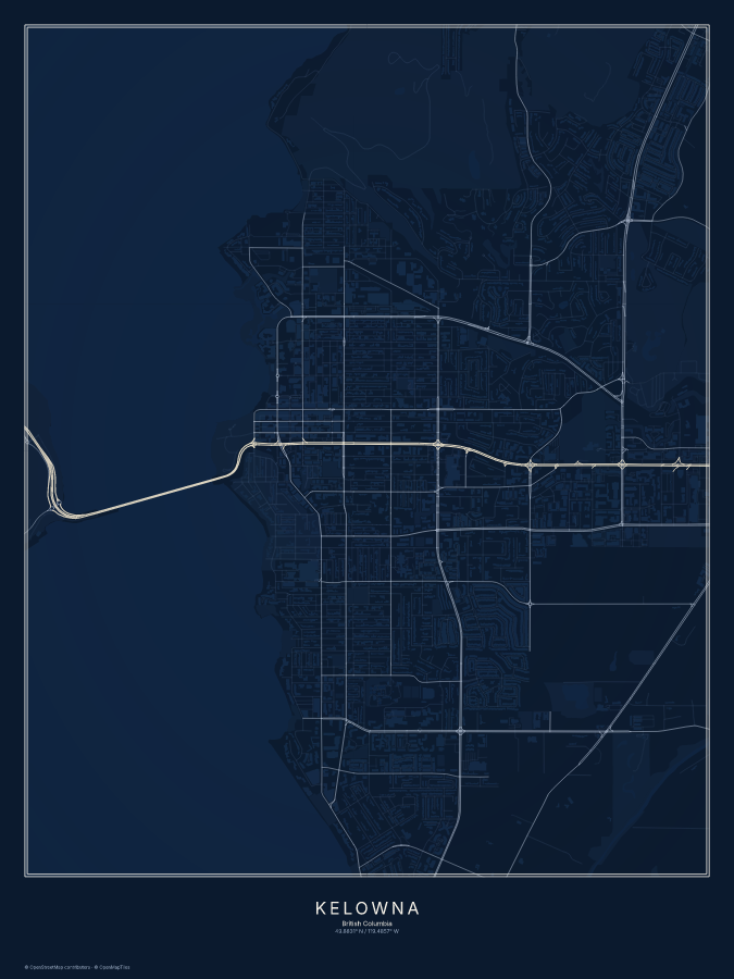 Kelowna map poster, midnight style