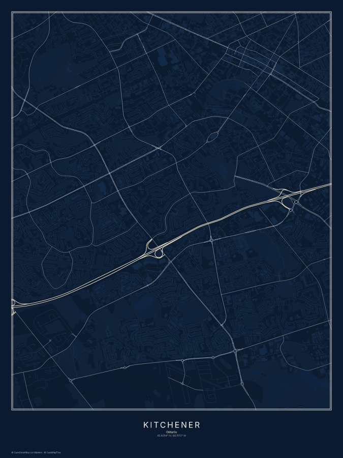 Kitchener map poster, midnight style