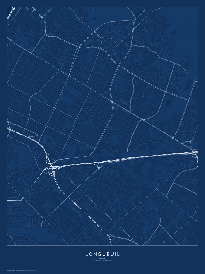 Longueuil map poster, blueprint style