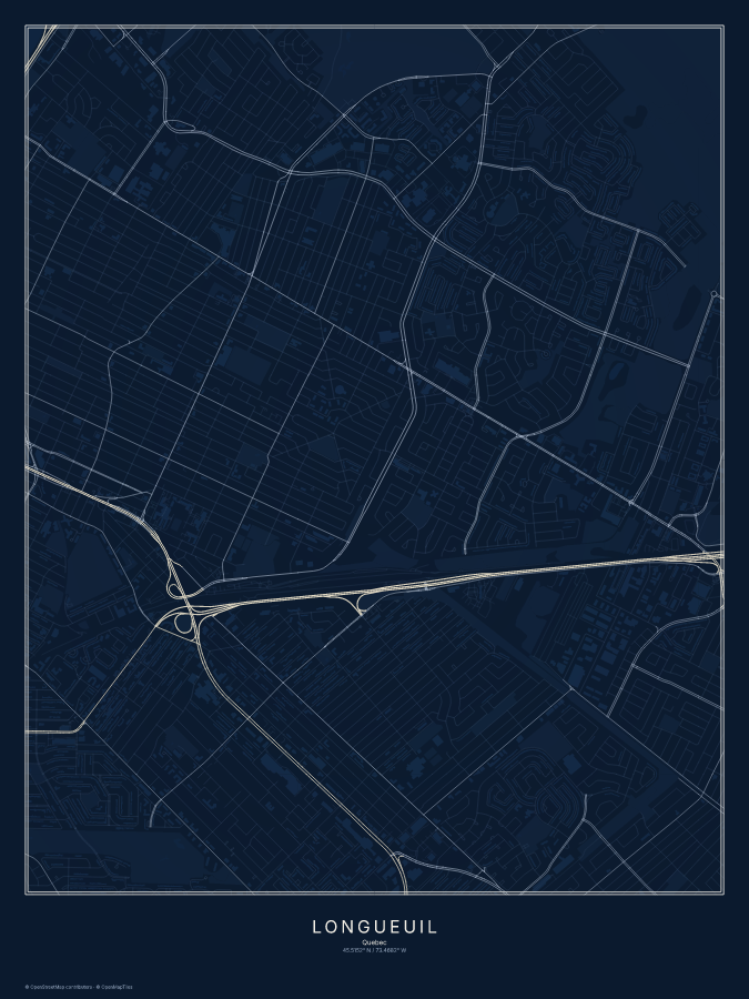 Longueuil map poster, midnight style