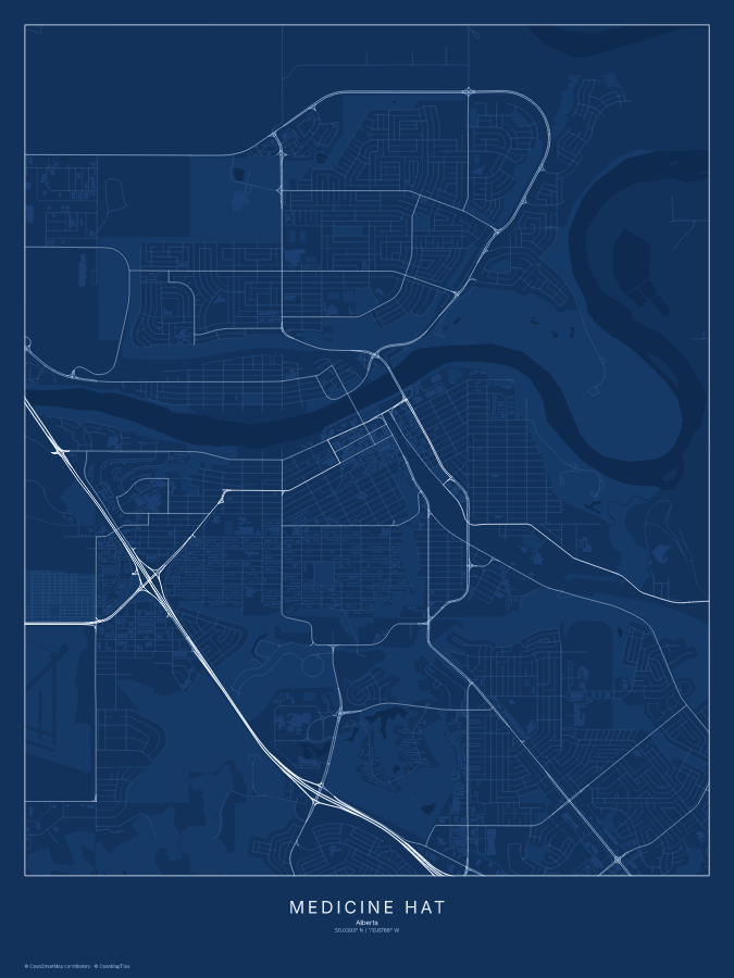 Medicine Hat map poster, blueprint style