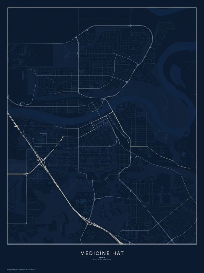 Medicine Hat map poster, midnight style