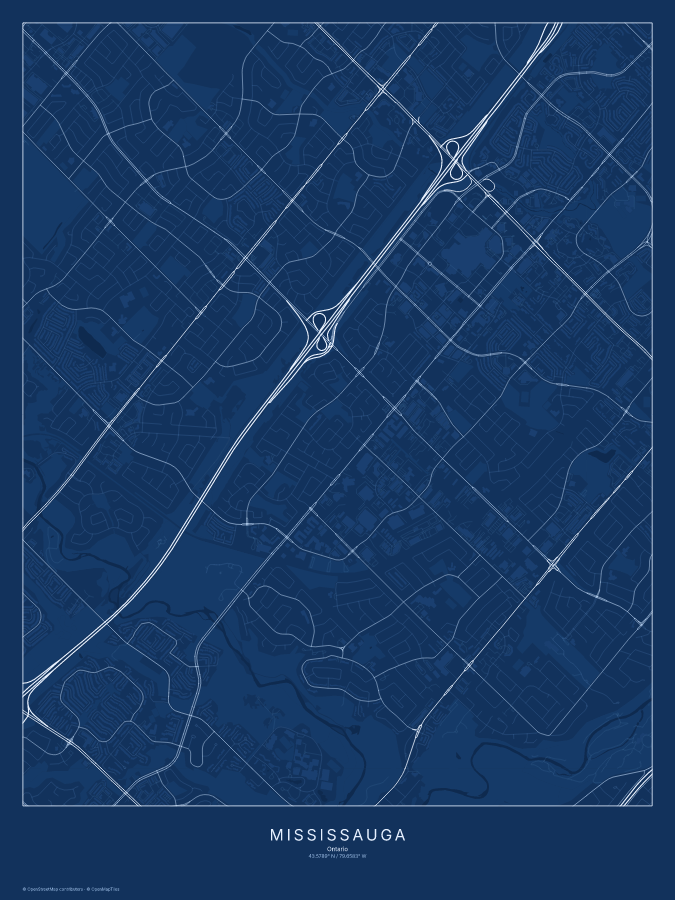 Mississauga map poster, blueprint style