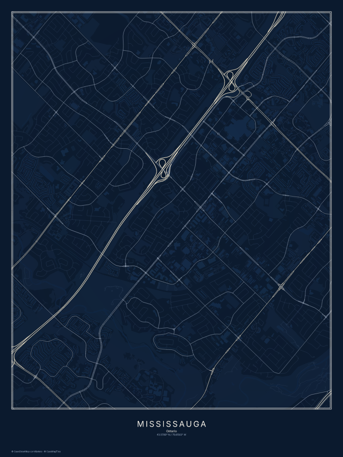 Mississauga map poster, midnight style