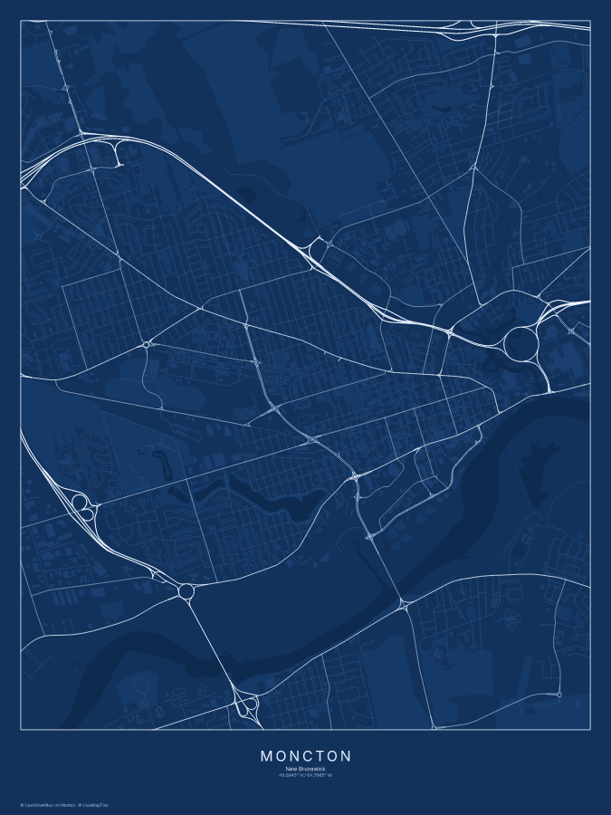 Moncton map poster, blueprint style