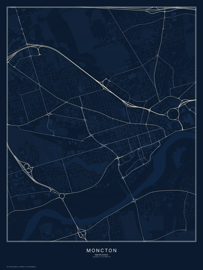 Moncton map poster, midnight style