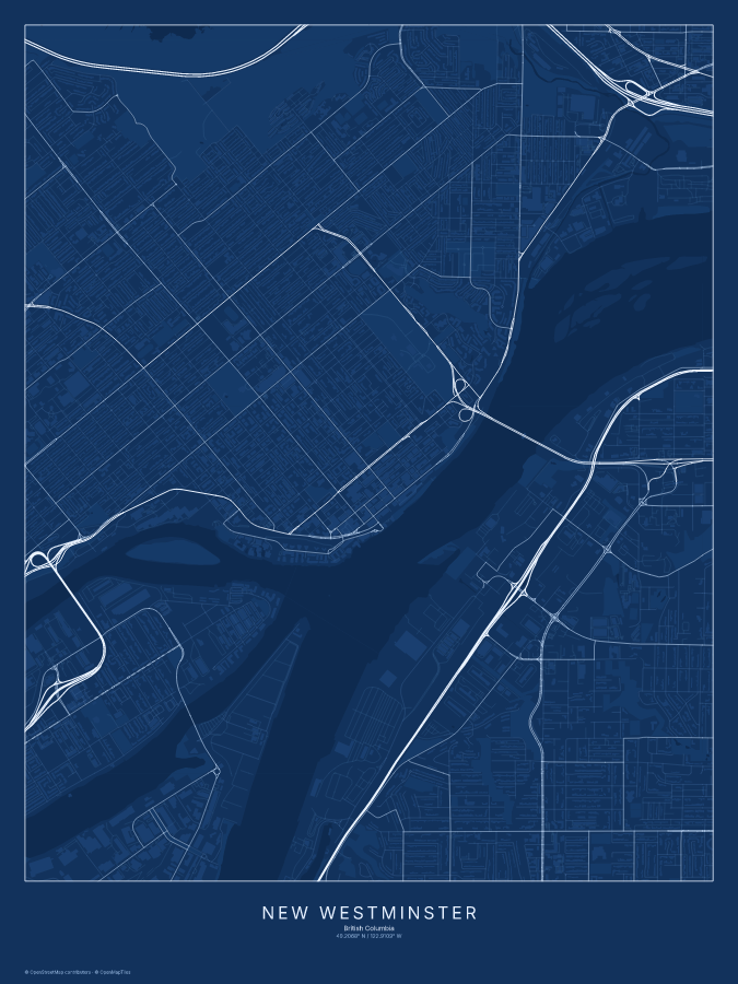 New Westminster map poster, blueprint style