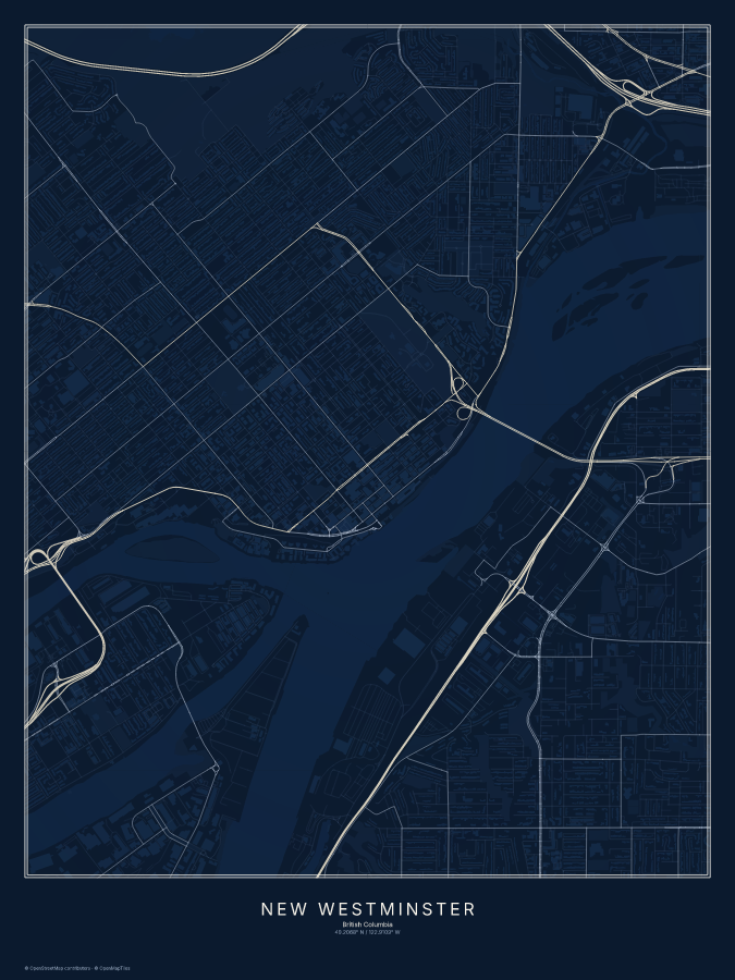 New Westminster map poster, midnight style