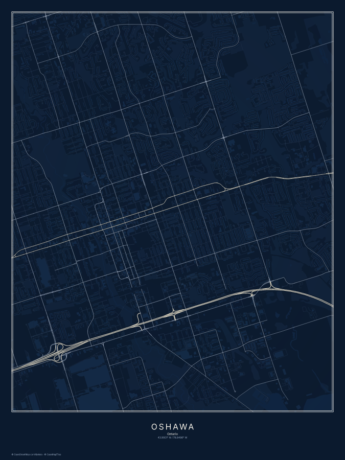Oshawa map poster, midnight style