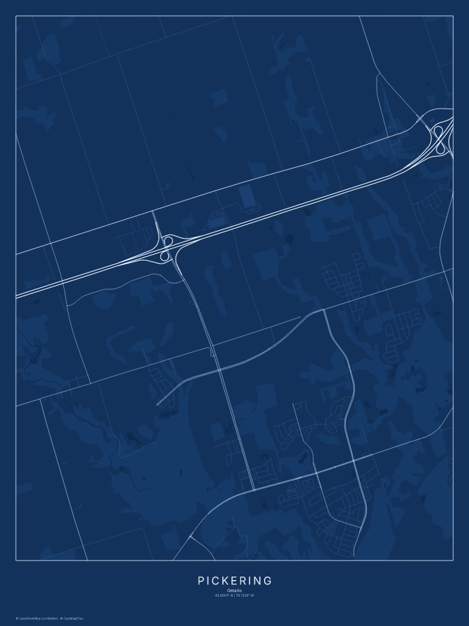 Pickering map poster, blueprint style