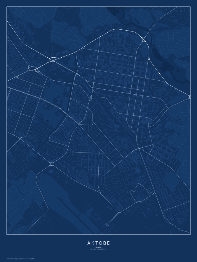 Aktobe map poster, blueprint style