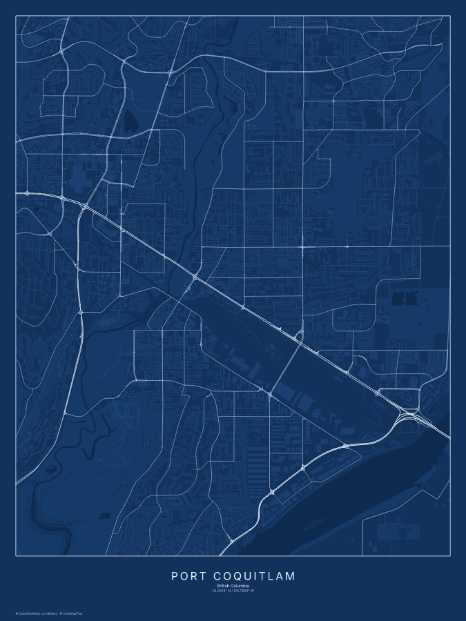 Port Coquitlam map poster, blueprint style