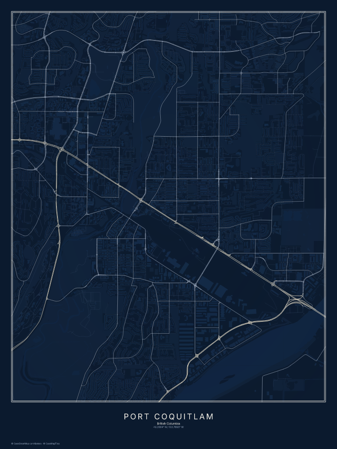 Port Coquitlam map poster, midnight style