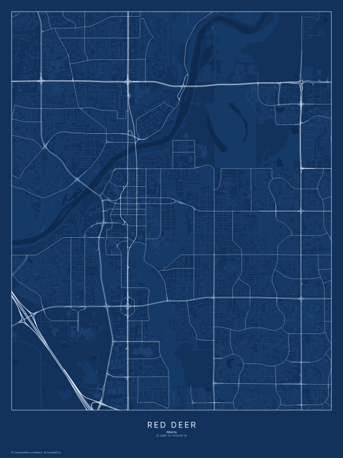 Red Deer map poster, blueprint style