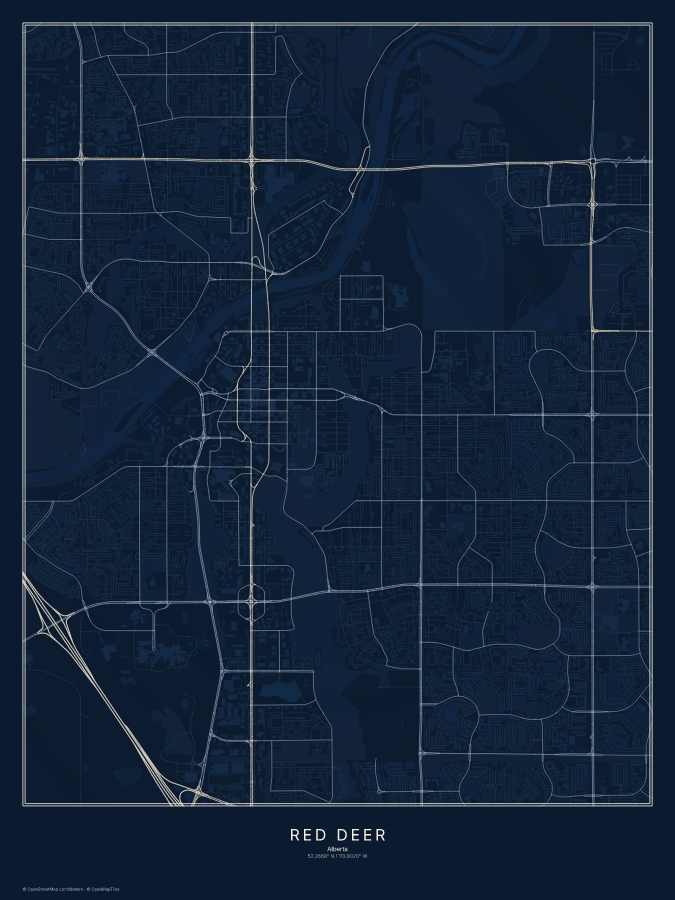 Red Deer map poster, midnight style