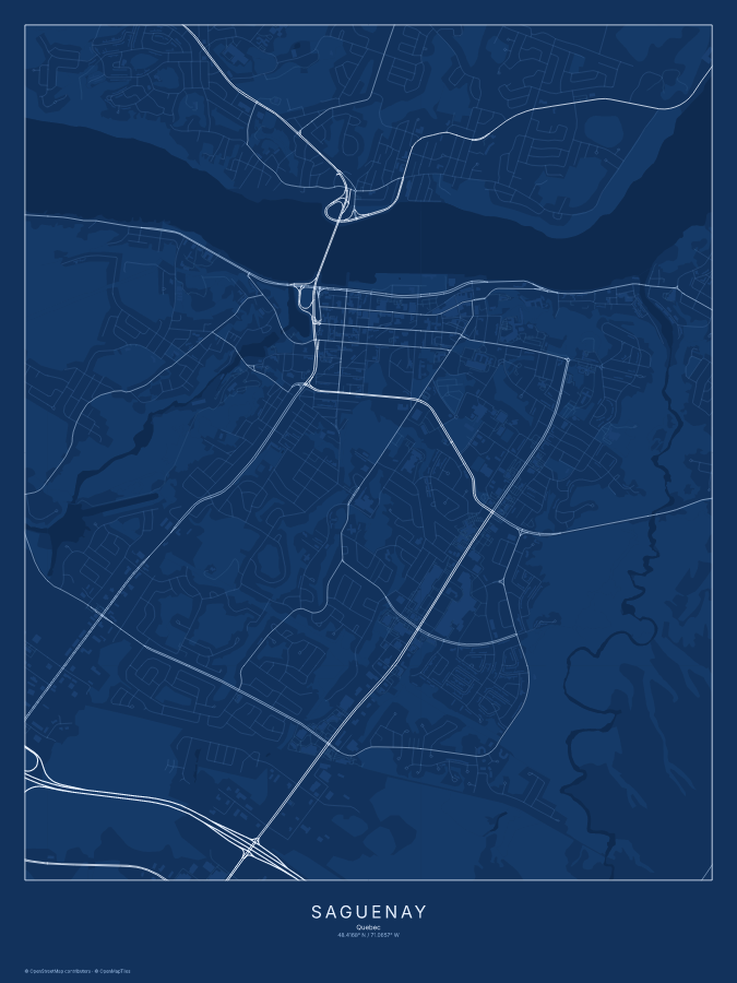 Saguenay map poster, blueprint style