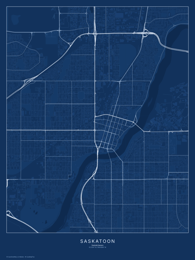 Saskatoon map poster, blueprint style