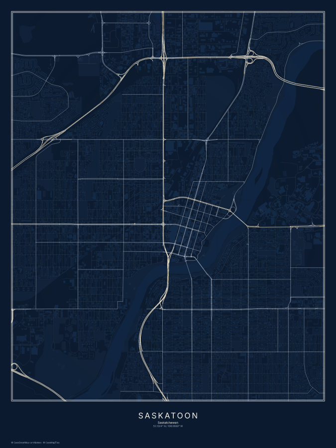 Saskatoon map poster, midnight style