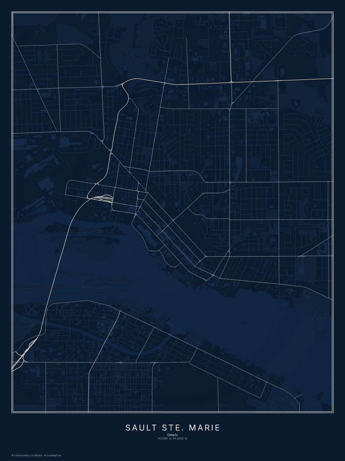 Sault Ste. Marie map poster, midnight style