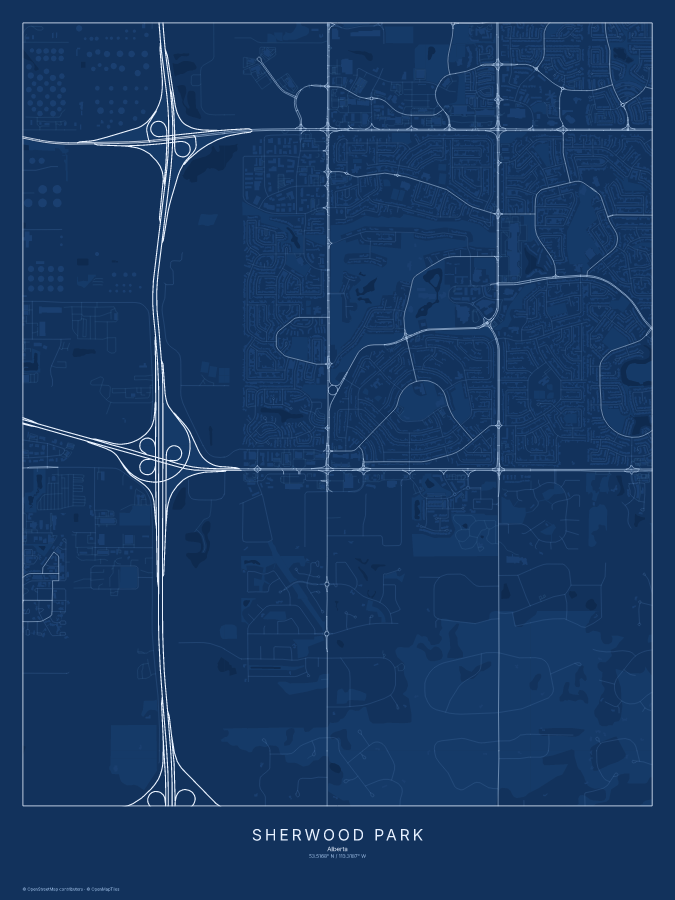 Sherwood Park map poster, blueprint style