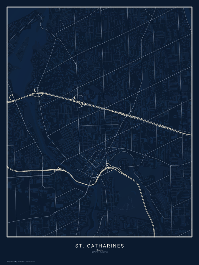 St. Catharines map poster, midnight style