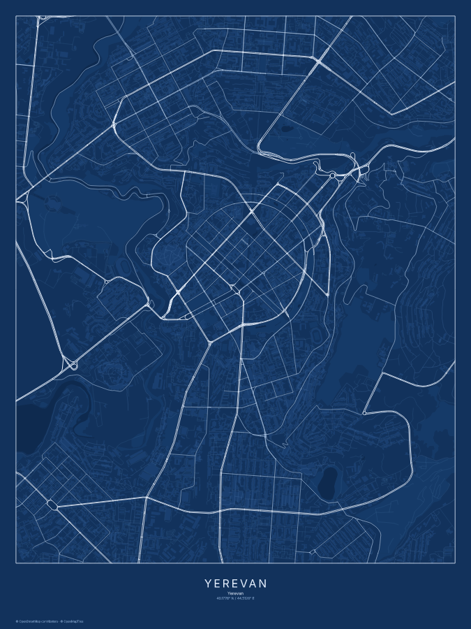 Yerevan map poster, blueprint style