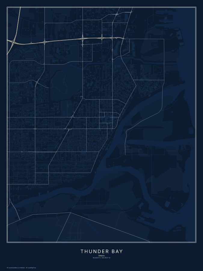 Thunder Bay map poster, midnight style