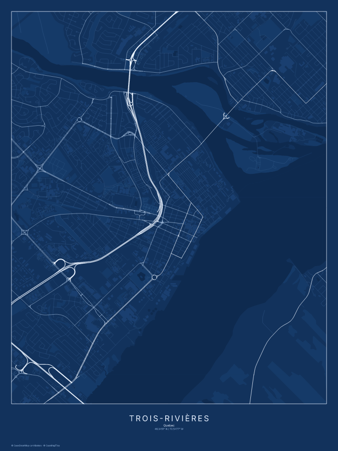 Trois-Rivières map poster, blueprint style