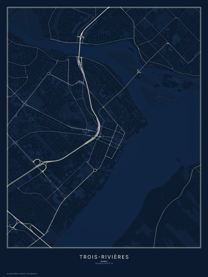 Trois-Rivières map poster, midnight style