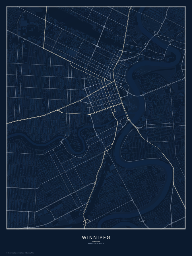 Winnipeg map poster, midnight style