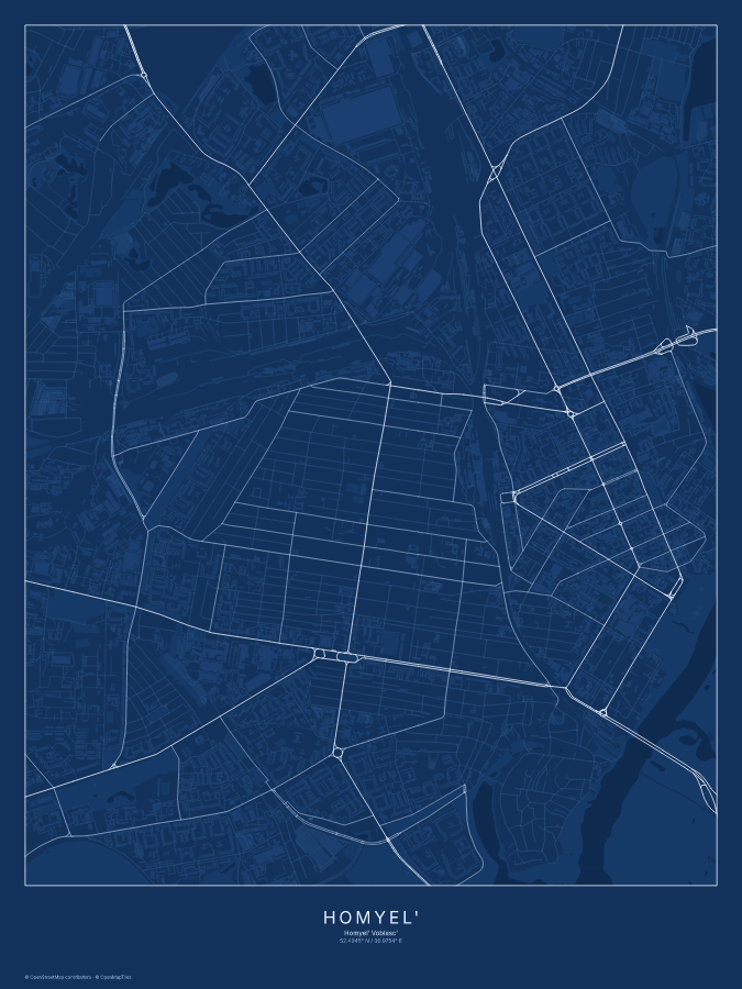Homyel' map poster, blueprint style