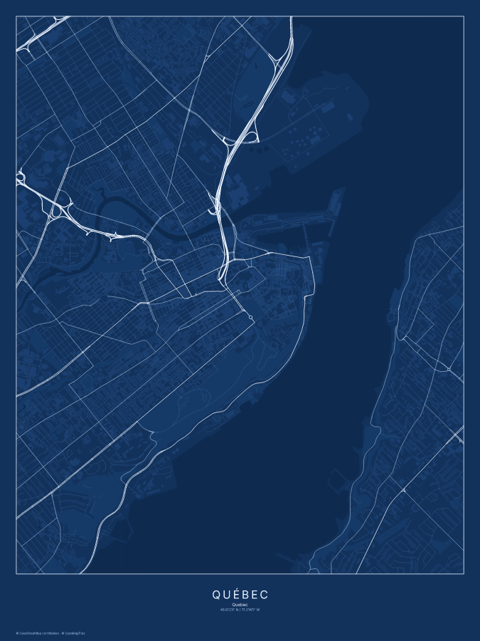 Québec map poster, blueprint style