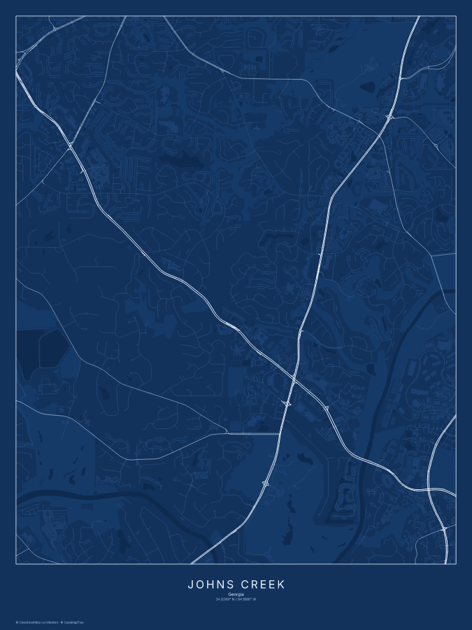 Johns Creek map poster, blueprint style