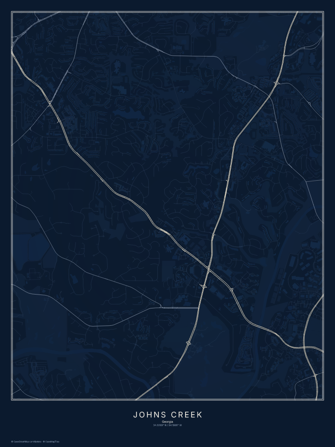 Johns Creek map poster, midnight style