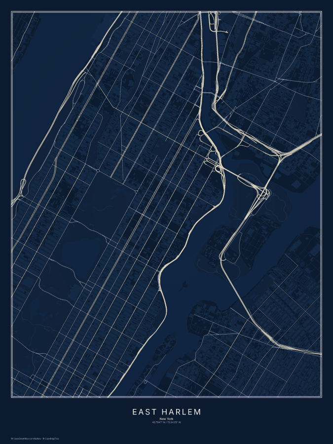 East Harlem map poster, midnight style