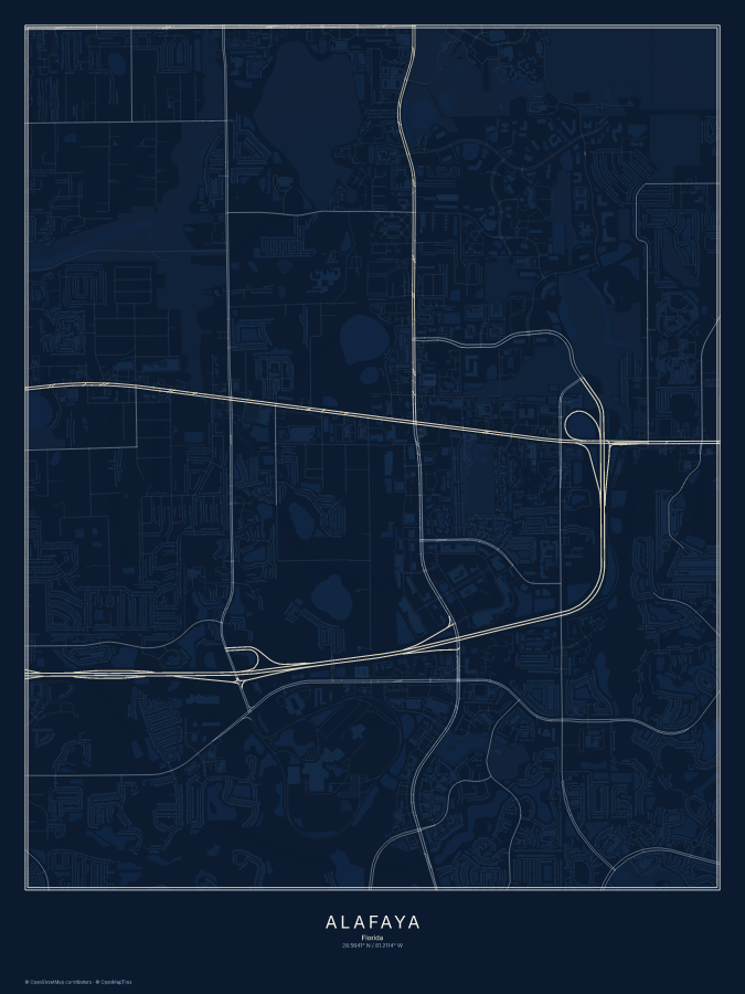 Alafaya map poster, midnight style