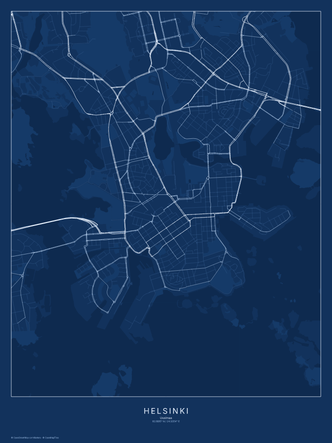 Helsinki map poster, blueprint style