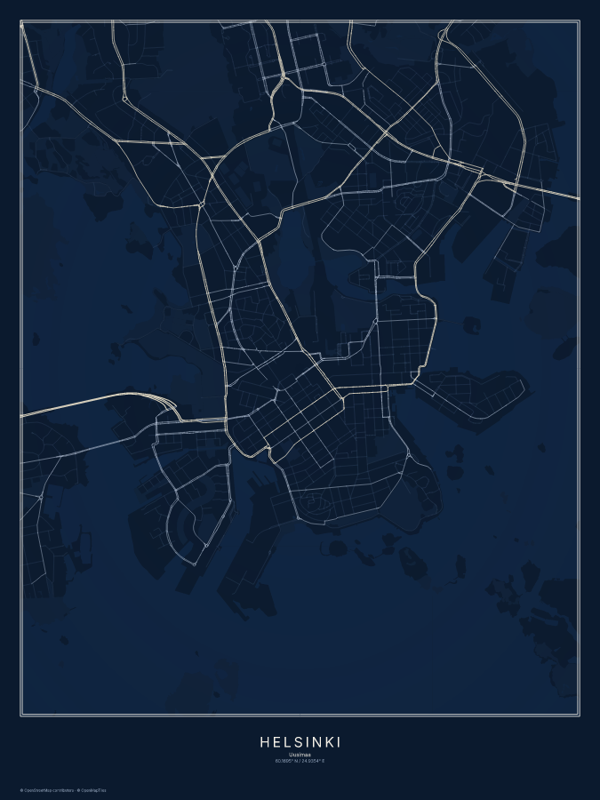 Helsinki map poster, midnight style