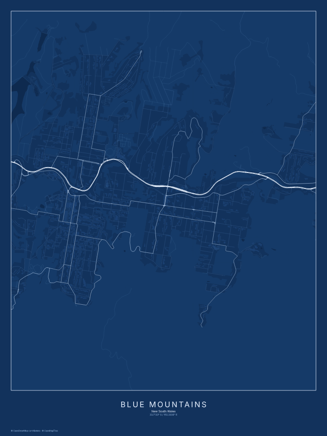 Blue Mountains map poster, blueprint style