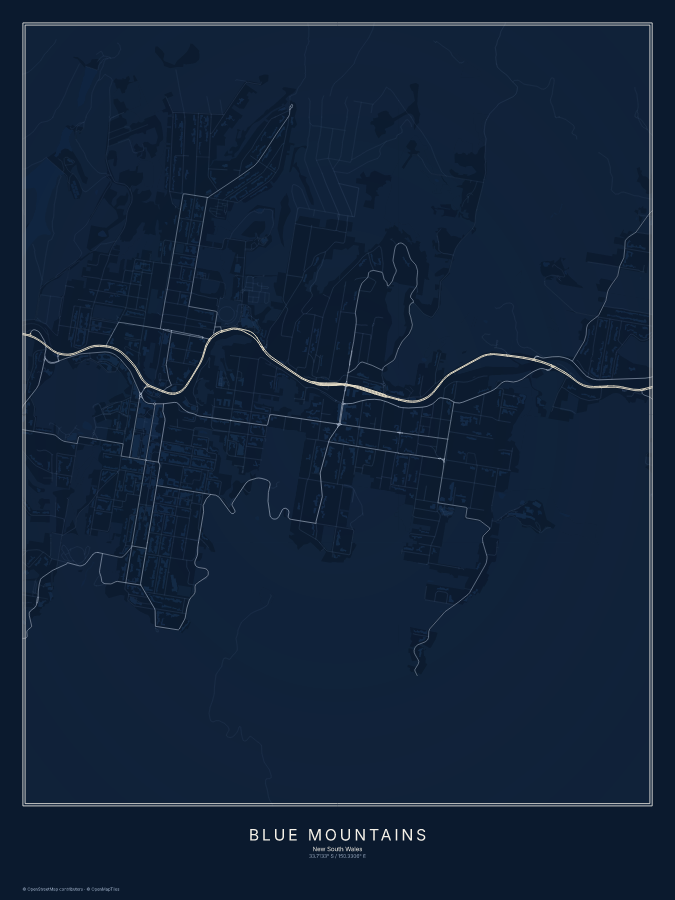 Blue Mountains map poster, midnight style