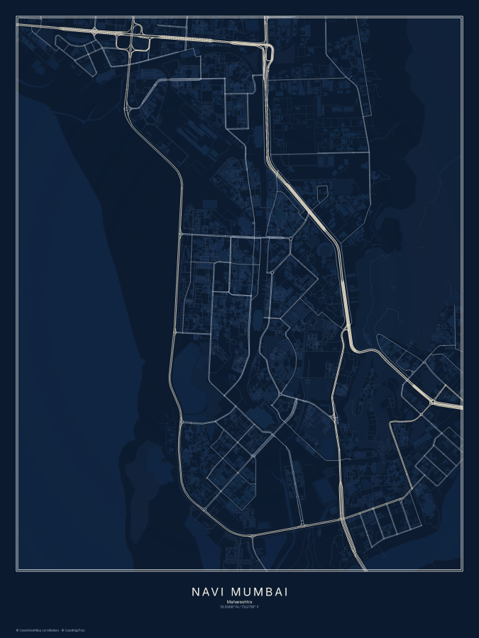 Navi Mumbai map poster, midnight style