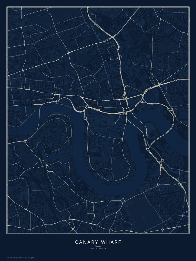 Canary Wharf map poster, midnight style
